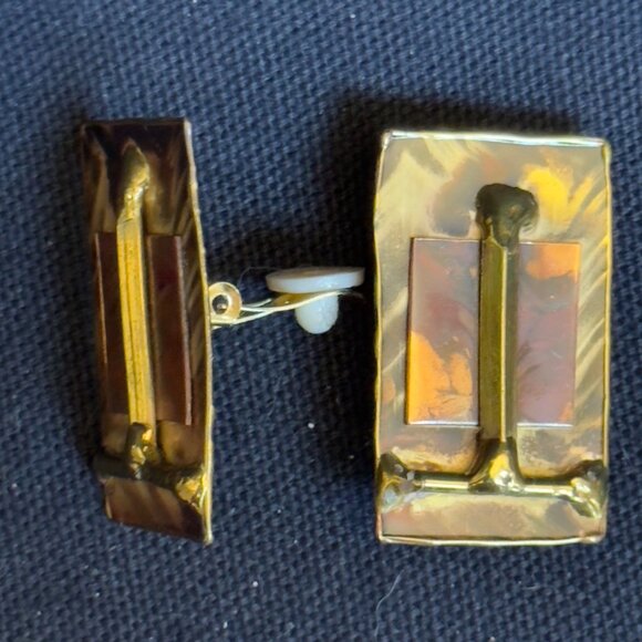 African Express Rectangular Gold-Tone & Marbled Clip-On Earrings Made In South A - Picture 4 of 10